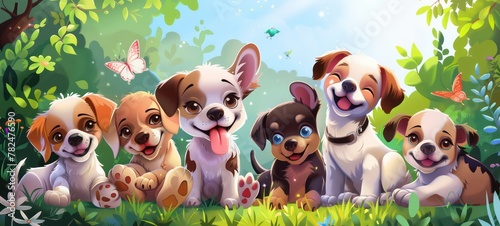 Cartoon puppies characters friends together for children friendship and play time happy joy as wide banner