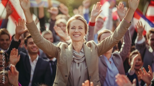 Cheerful female politician celebrating victory at a rally with a crowd and flags in the background. photo