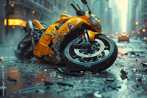 Yellow motorcycle with wet tires parked on roadside under rain