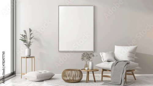 mock up poster frame in modern interior background, close up, living room, Scandinavian style, 3D render