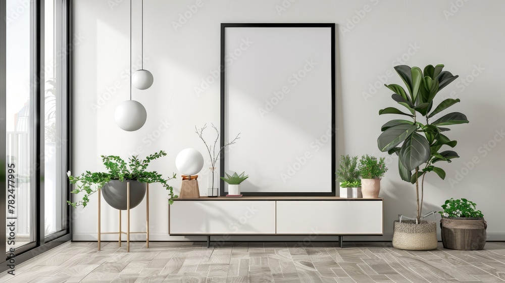 mock up poster frame in modern interior background, close up, living room, Scandinavian style, 3D render mock up poster frame in modern interior background, close up, living room, Scandinavian style, 3D render