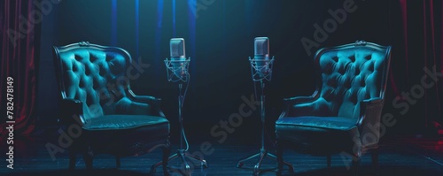 Empty stage with vintage chairs and microphones photo
