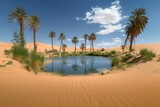 Oasis in the desert, palm trees around a small lake in the endless sea of sand dunes