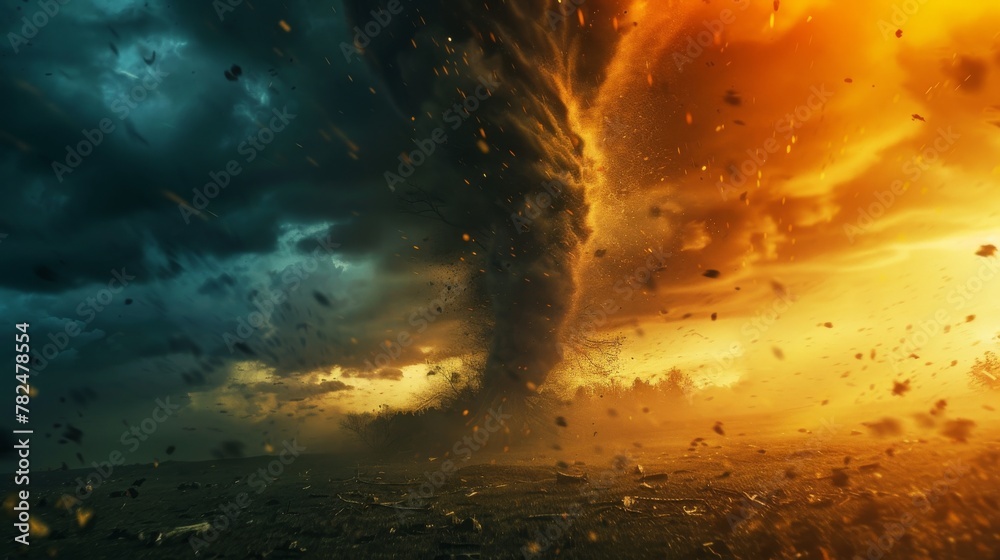Dramatic scene of a fiery tornado under a stormy sky, depicting extreme ...