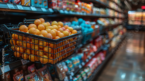 A basket of oranges in a grocery store aisle, AI