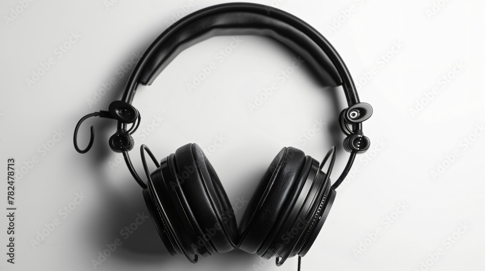 Black leather headphones isolated on white background