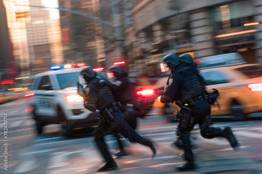 Urban Law Enforcement: Officers in Action - City Patrol: Police Responding to Incident - Motion Blurred Action in a Metropolis