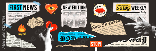 Vintage Old Newspaper Scraps. Halftone Female Hands. Torn Paper and Collage Elements. Trendy Colorful Stickers and Signs. Contemporary Scrapbooking Concept. 