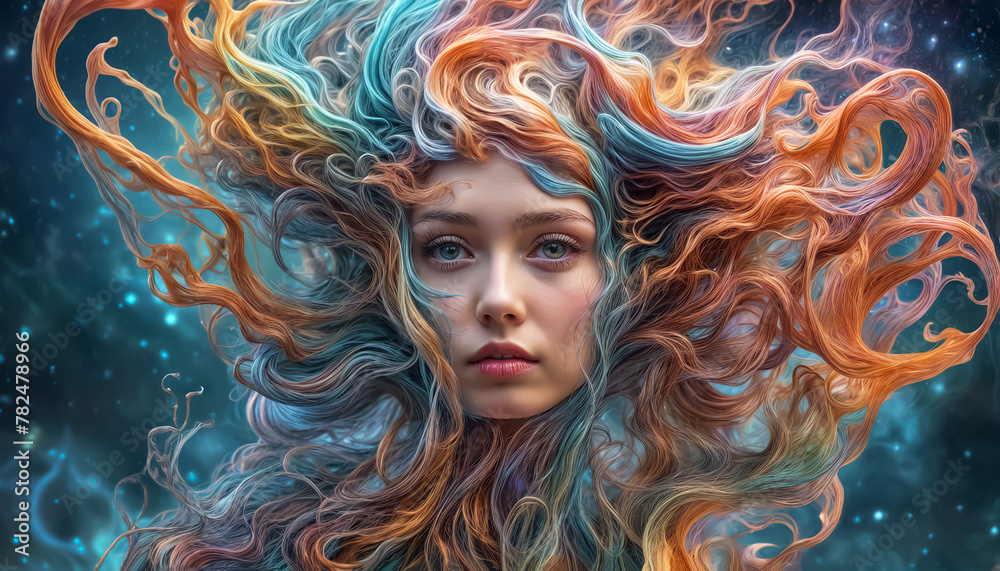Fantasy girl. Surreal woman. Long colorful hair. The hair is woven into threads and streams of paint Fantasy girl. Surreal woman. Long colorful hair. The hair is woven into threads and streams of paint