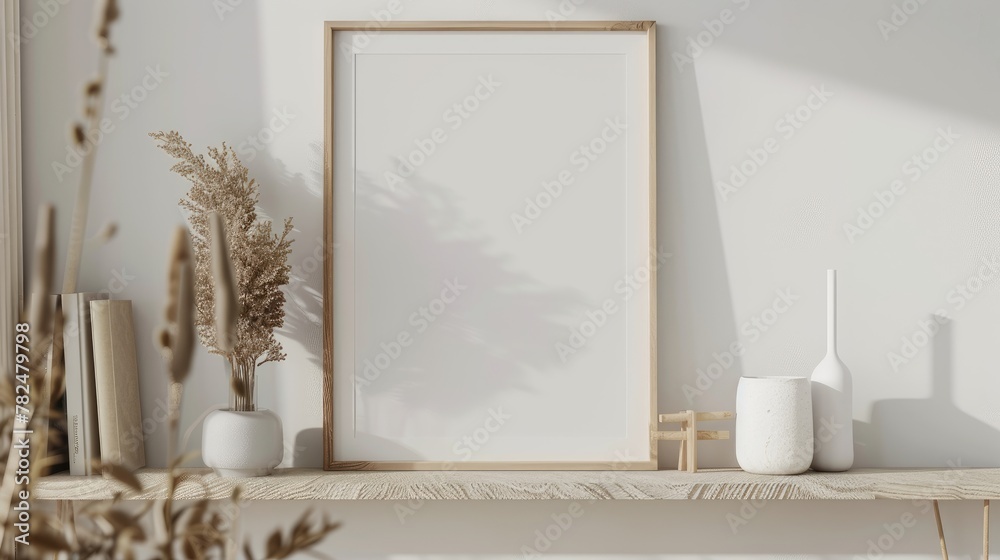 mock up poster frame in modern interior background, close up, living room, Scandinavian style, 3D render mock up poster frame in modern interior background, close up, living room, Scandinavian style, 3D render