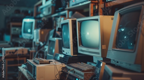 A row of old computer monitors are stacked on top of each other