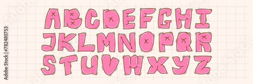 Funny Childish Pink Bubble Alphabet in 90s and 00s style. Playful Letters are good for birthday party’s poster, banner, flyer. 
