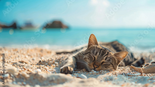 Cat sleeping on the beach with sea background