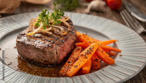 Grilled beef steak with sauteed carrots and onions, juicy with spicy seasonings. photo