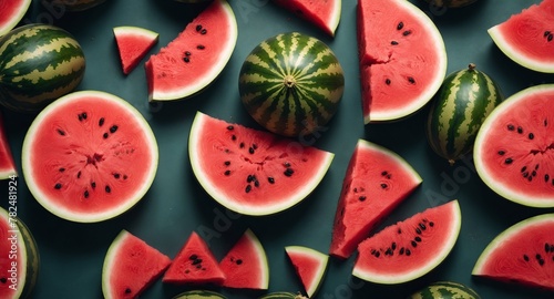 seamless pattern with red watermelon slices on grey background photo