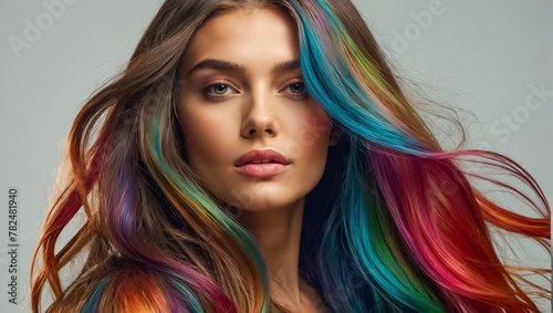 girl with perfection long multi-colored hair