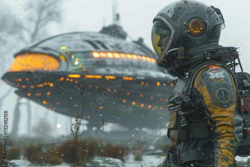 A figure in a spacesuit stands in the snow in front of a spaceship with a yellow neon light below. The sky is gray and cloudy.