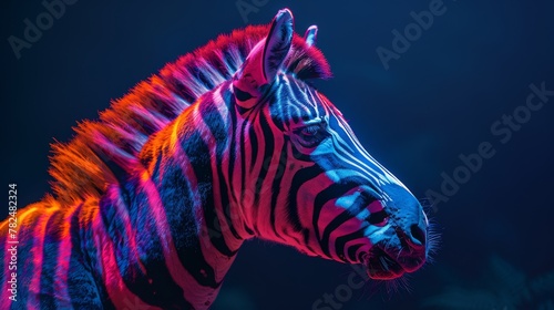 Striking zebra illuminated by vibrant neon lighting against a dark background