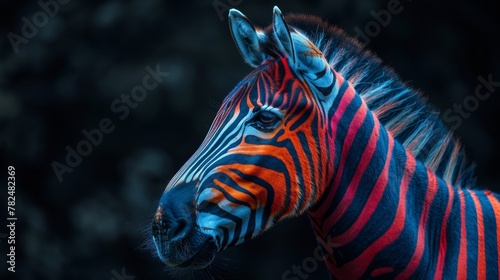 Vibrant red and blue zebra portrait