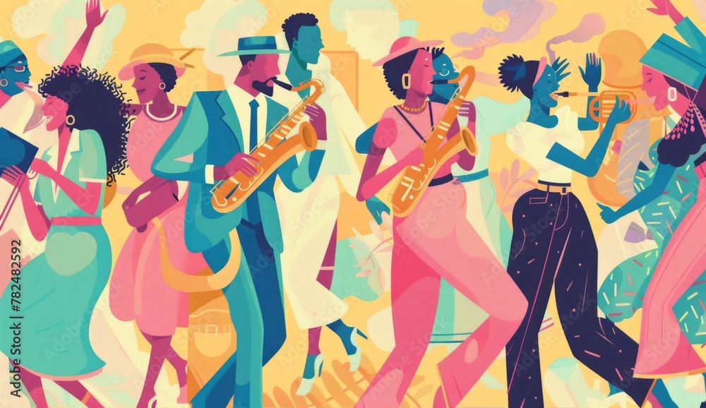 A vibrant illustration of people dancing to jazz music, showcasing the lively and energetic atmosphere at an afrofuturistic party Generative AI A vibrant illustration of people dancing to jazz music, showcasing the lively and energetic atmosphere at an afrofuturistic party Generative AI