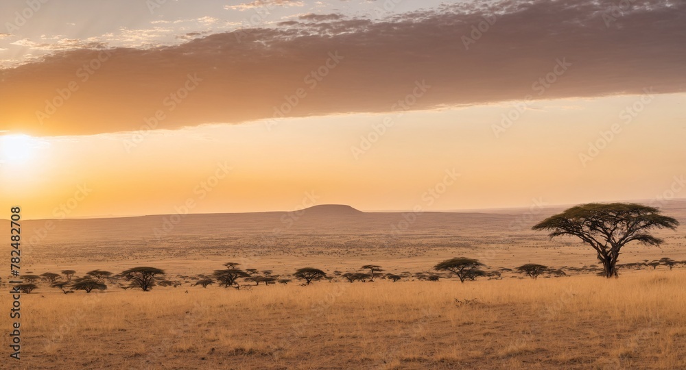 Landscape Africa, vast plains of the Serengeti, golden, hour