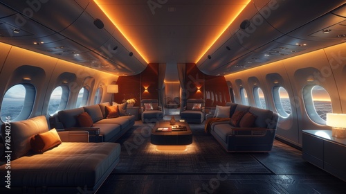Luxury private jet interior at sunset photo