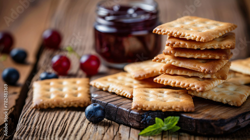 Crackers with jam berry in the wooden background photo