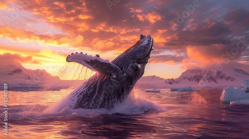 A humpback whale, known for its immense size, breaches the icy waters as the sun sets in the background, creating a stunning silhouette against the colorful sky. © Goinyk