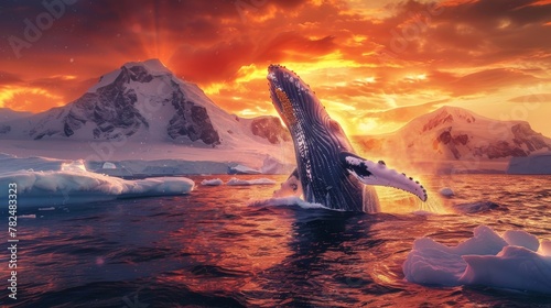 A majestic humpback whale breaches the icy waters of Antarctica, showcasing its impressive strength and agility as it leaps out of the water. © Goinyk