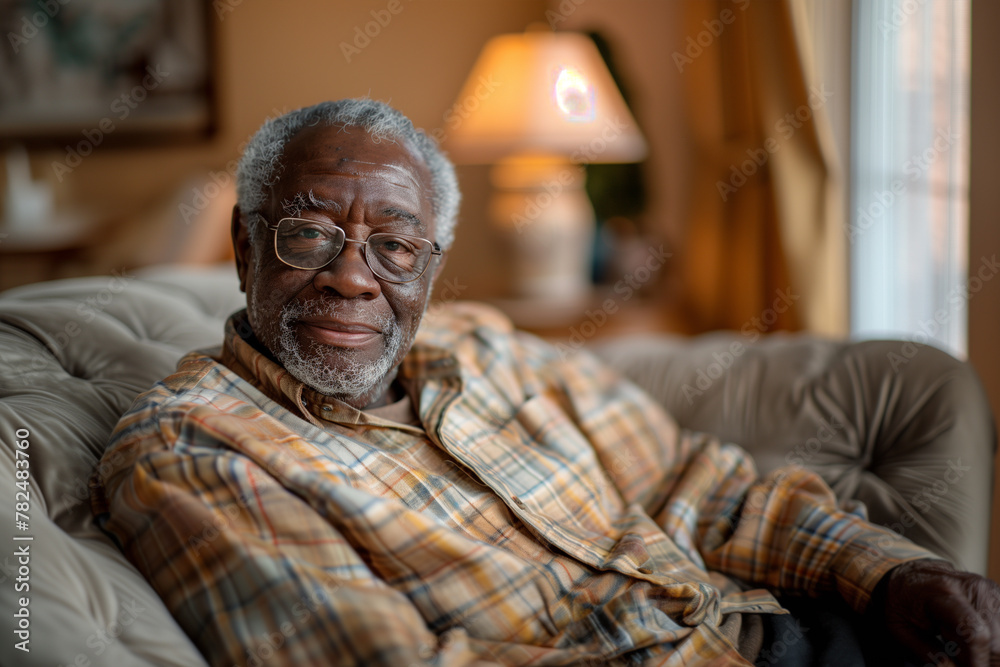 Elderly Man Relaxing on a Couch in a Cozy Home Setting Elderly Man Relaxing on a Couch in a Cozy Home Setting