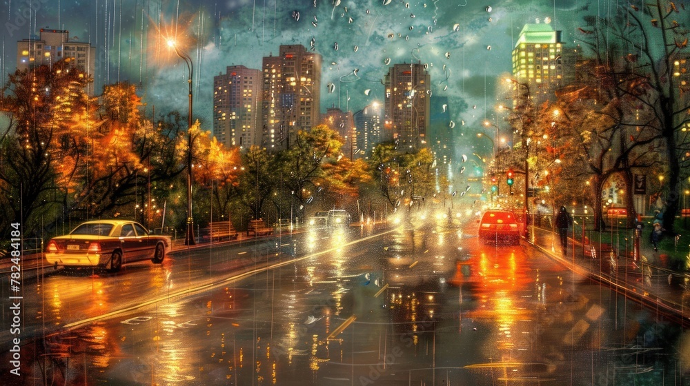 Rainy city street at night with cars, traffic lights and tall buildings. Street lights are lit, illuminating the scene. Raindrops fall from above, creating a sense of depth in the image.