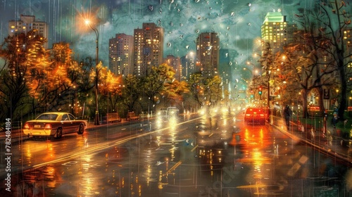 Rainy city street at night with cars, traffic lights and tall buildings. Street lights are lit, illuminating the scene. Raindrops fall from above, creating a sense of depth in the image.