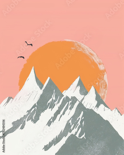 Mountains and sunset. Hand drawn illustration. boho style.