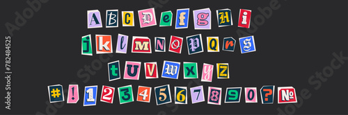 Cutout magazine and newspaper letters in ransom blackmail style. Blackmail Ransom Anonymous Font. Torn paper elements. Newspaper scraps. Contemporary vector mixed style design.