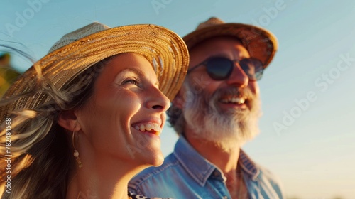 A man and woman wearing straw hats and sunglasses smile and look into the distance.