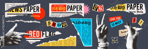 Vintage Newspaper Scraps and Torn Paper Elements. Trendy Halftone Collage Hands. Ransom Blackmail Letters and Phrases. Contemporary Mixed Media Style. Vector Elements are a good choice for background,