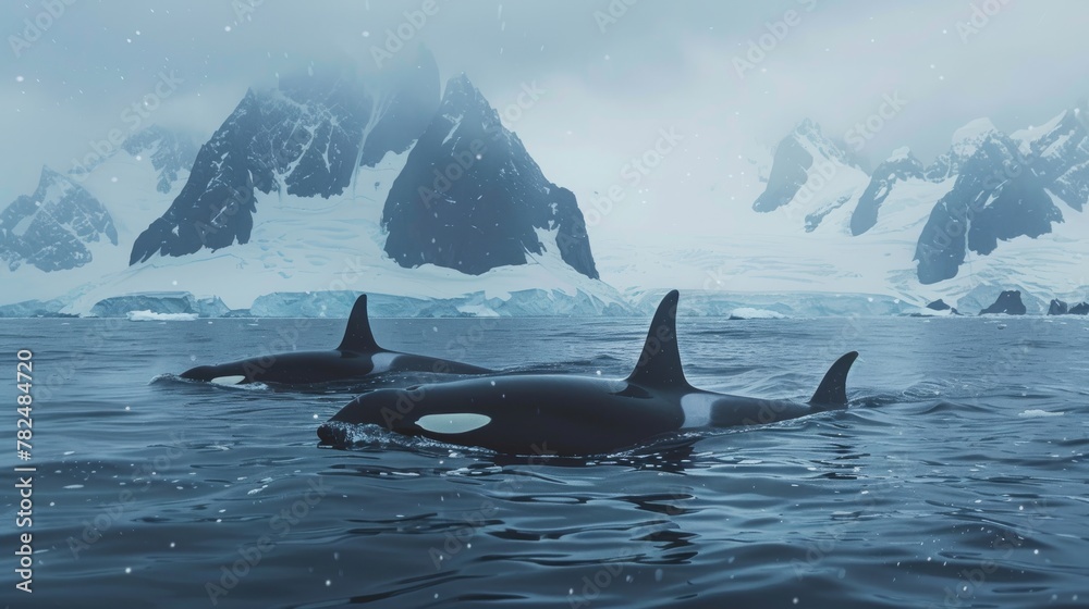 A group of orca whales, also known as killer whales, are gracefully ...