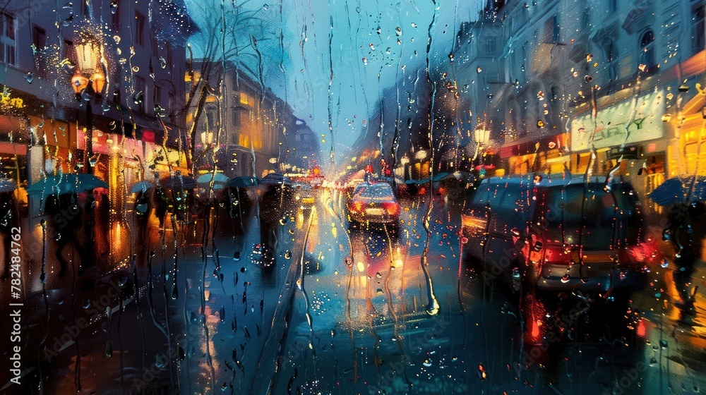 Painting of a rainy street scene at night. The street is filled with cars and pedestrians, and the lights of cars and buildings create a colorful contrast against the dark background.