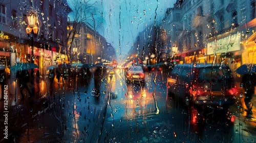 Painting of a rainy street scene at night. The street is filled with cars and pedestrians  and the lights of cars and buildings create a colorful contrast against the dark background.