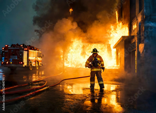 back, rear view of Firefighter works in burning building fireman on flame back view background. American firefighter in full gear exploring huge fire zone. Fire fighter in front of burning building