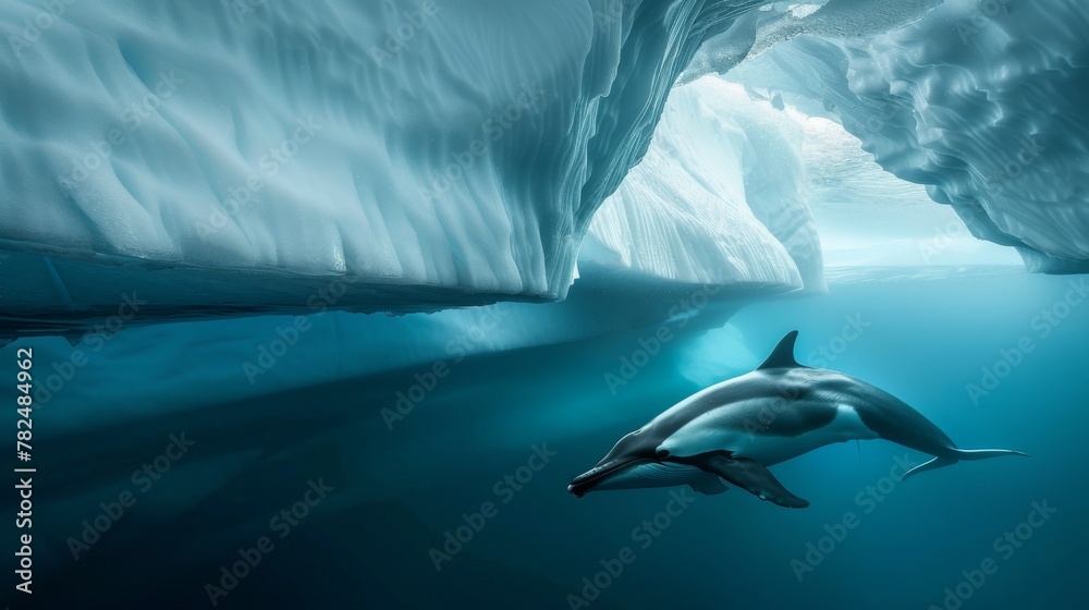 Fototapeta premium A dolphin gracefully swims in the water near a massive iceberg in Antarctica. The scene captures the contrast between the sleek mammal and the icy giant.