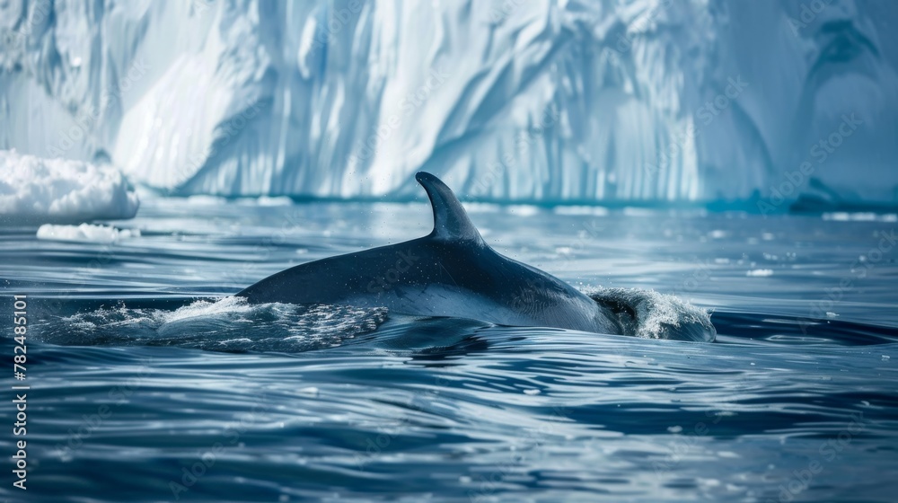 Fototapeta premium A dolphin gracefully swims through the icy waters near towering icebergs in Antarctica. The majestic creature navigates the frigid environment with ease.