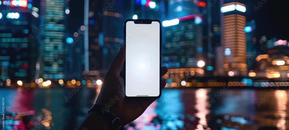 Hand holding smart phone with clean white blank screen mockup with city skyline defocused background for technology and app concepts