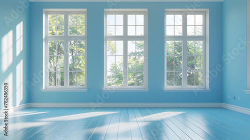 Empty blue living room with big windows