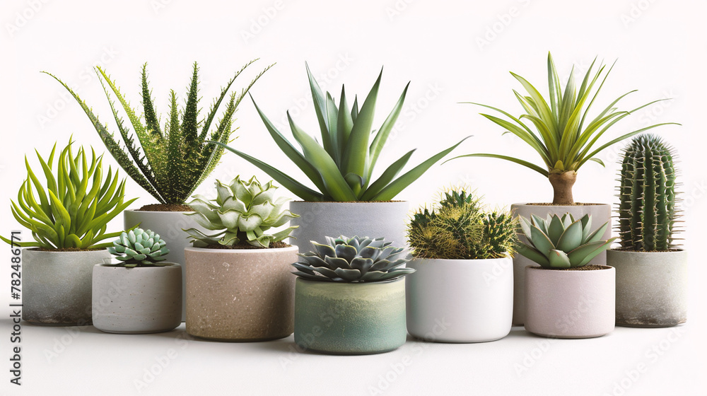 Succulents and cacti in pots on white background