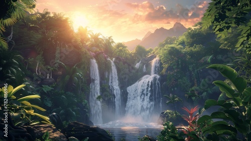 A painting showcasing an exotic waterfall in an Asian paradise, surrounded by dense jungle foliage. The waterfall cascades down rocky cliffs, creating a mesmerizing sight. © Goinyk