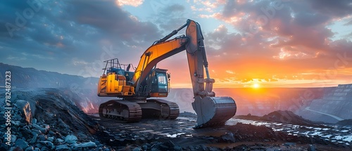 Dawn's Labor Symphony: The Quiet Awakening of the Mighty Excavator. Concept Construction Equipment, Early Morning Work, Industrial Photography, Quiet Moments, Dawn Reflections