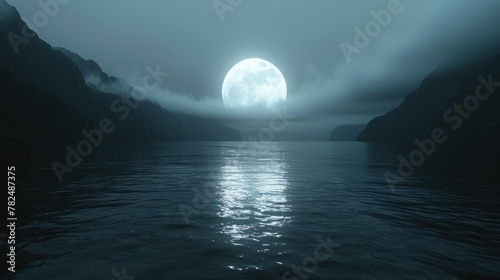 A full moon is shining over a body of water with a mountain on the other side. The sky is dark and the water is calm.