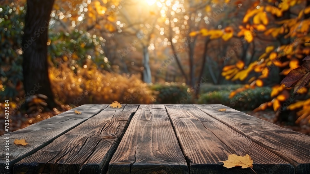Empty wooden table on the background of autumn garden.