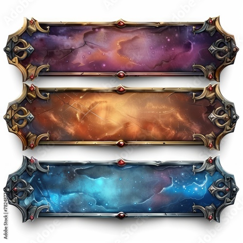 Set of metal frames in different colors. .Metallic title banners set for epic game design on white background